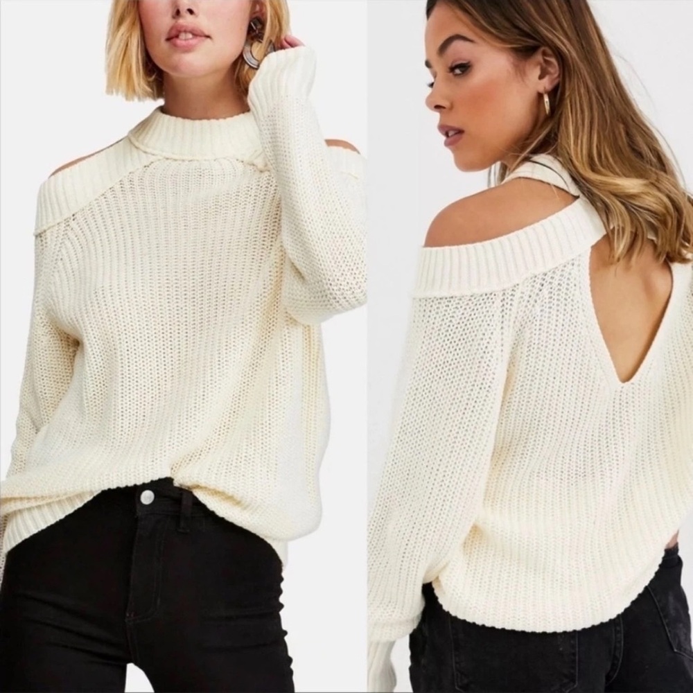 Free People Sweater Women’s Half Moon Bay Ivory Cold Shoulder Oversized L NWT